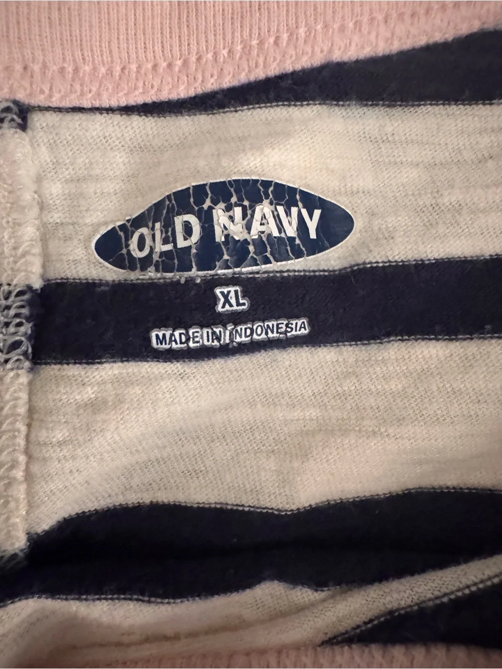 Vintage 90s Old Navy White and Navy Striped Short-Sleeve Tee with Pink Neck Trim